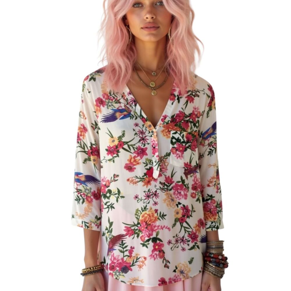 Zara Basic Multicolor Floral Bird Printed Tunic Blouse Medium